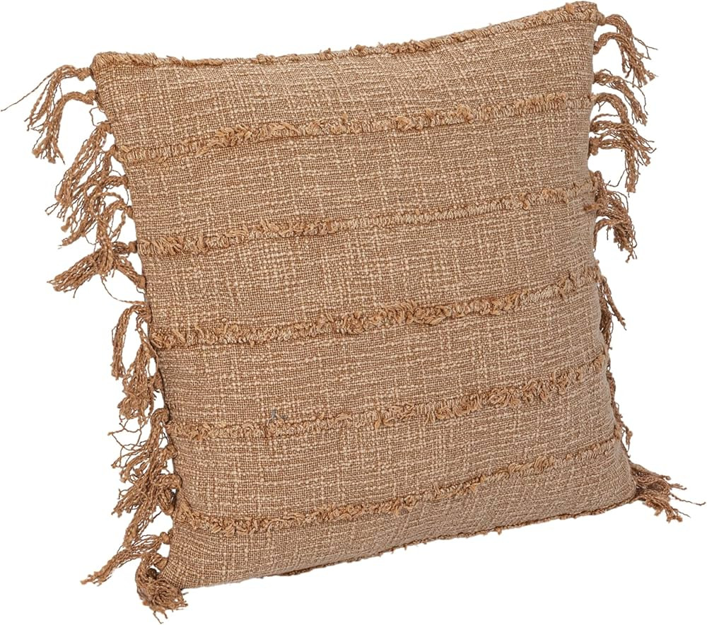 Bloomingville, Beige Stonewashed Woven Cotton Slub Pillow Pom Trim and Fringe, Square | Amazon (US)