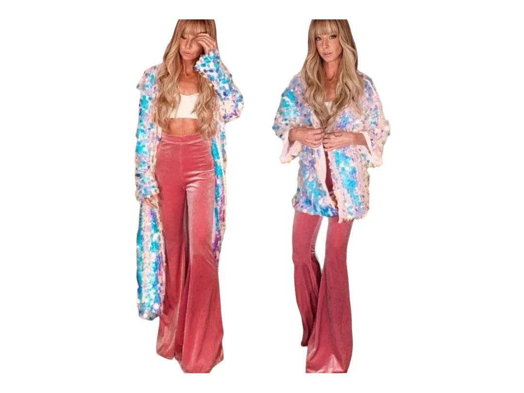 SEQUINS IRIDESCENT Kimono Jacket/ Holographic PASTEL Pink Sequins/ Festival Kimono / Mermaid Sequ... | Etsy (US)