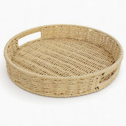 CHEENYA round woven rattan serving tray with handles