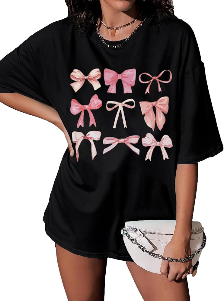 Womens Bow Shirt Coquette Aesthetic Shirt Trendy Pink Bow Girly Tee Watercolor Pastel Bow Oversiz... | Amazon (US)