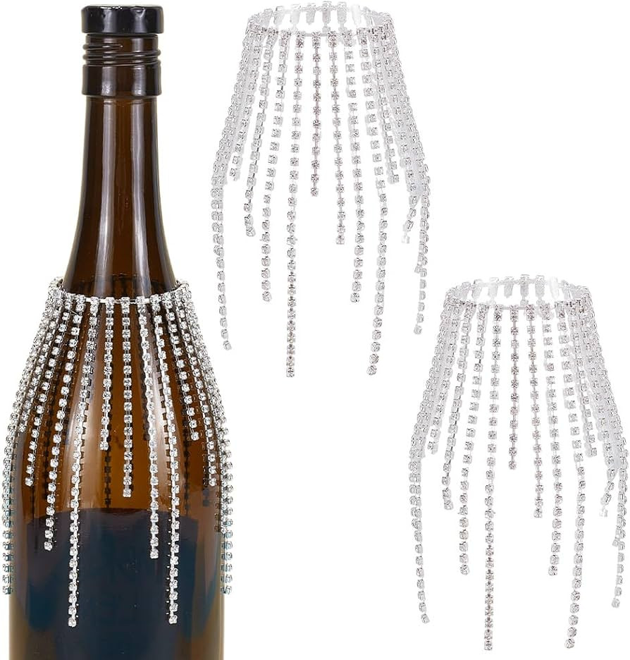 PLIGREAT 2 Pcs Rhinestone Wine Bottle Decoration, Long Sliver Jewel Tassel 5.9 Inch Bling Wedding... | Amazon (US)