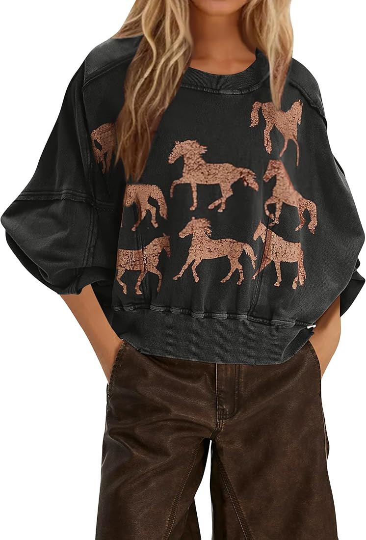 Oversized Cropped Horse Print Sweatshirts for Women Fall Winter Crewneck Long Sleeve Graphic Anim... | Amazon (US)