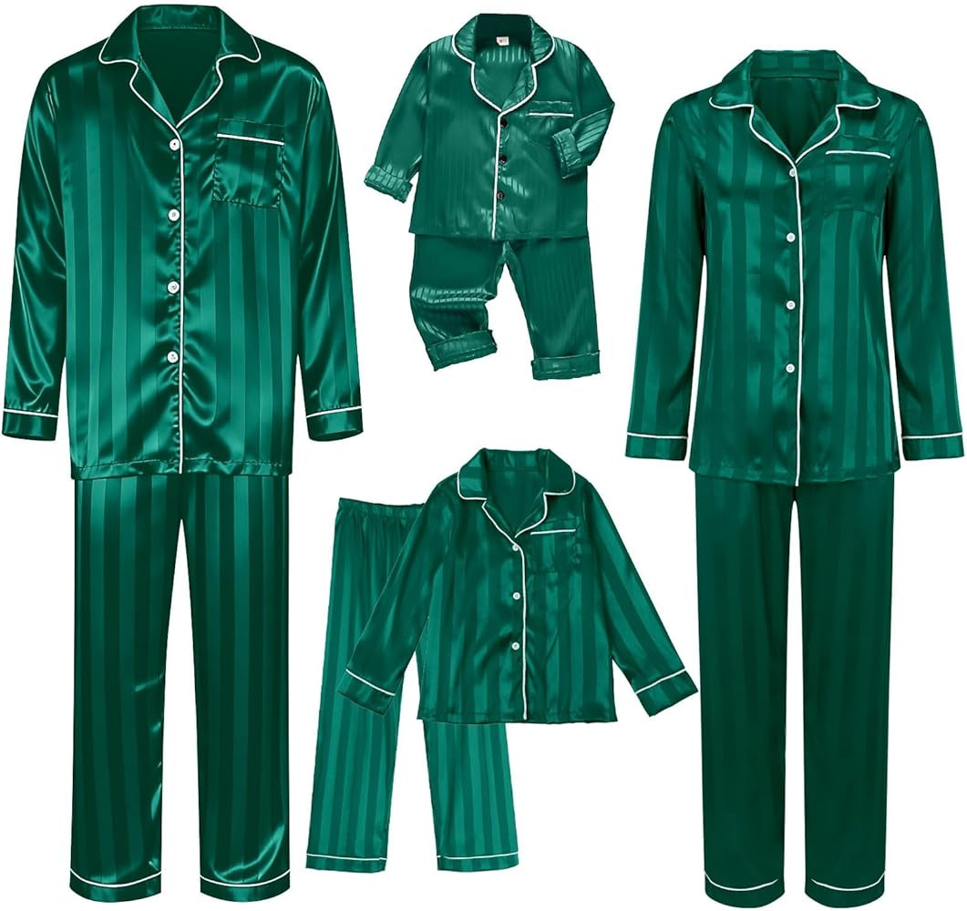 Silk Matching Christmas Pajamas for Family Striped Button Down Shirt and Pants Silky Satin Xmas P... | Amazon (US)