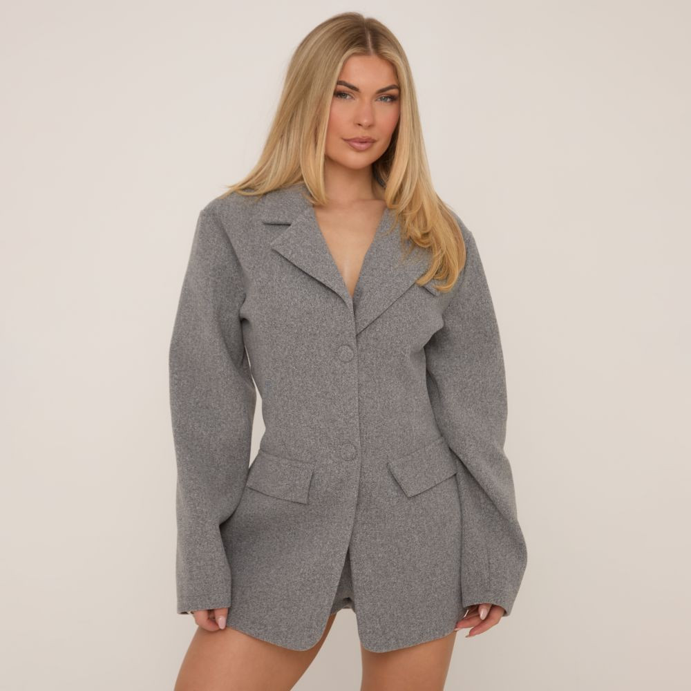 Long Sleeve Pocket Detail Wool Look Blazer Playsuit In Grey | EGO (UK)