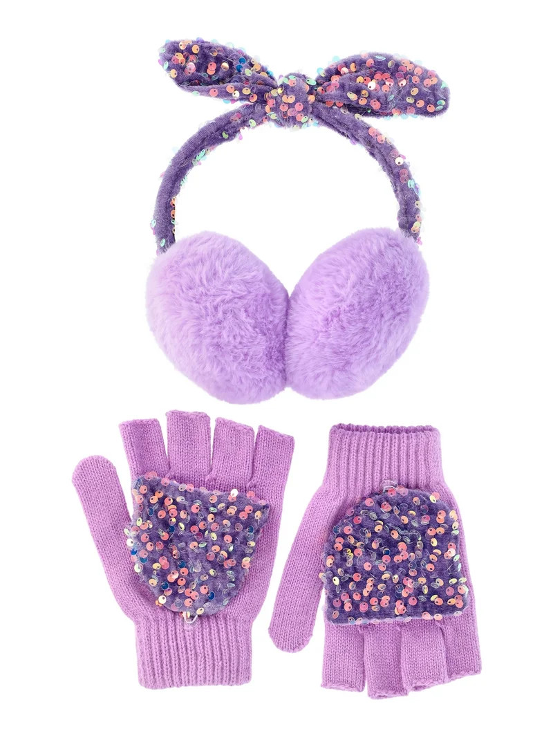 Justice Girls Velvet Sequin Bow Faux Fur Earmuff and Flip Top Glove Set, Purple - Walmart.com | Walmart (US)