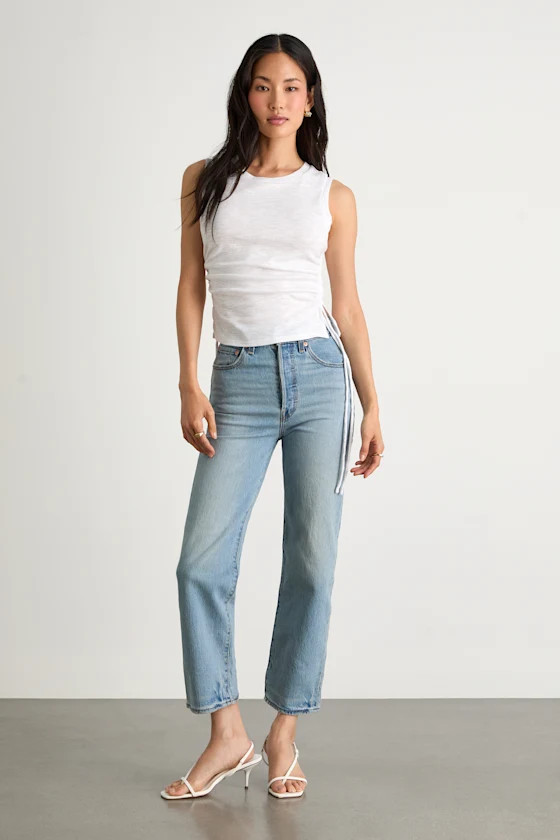 Ribcage Light Wash Denim Straight Ankle Jeans | Lulus