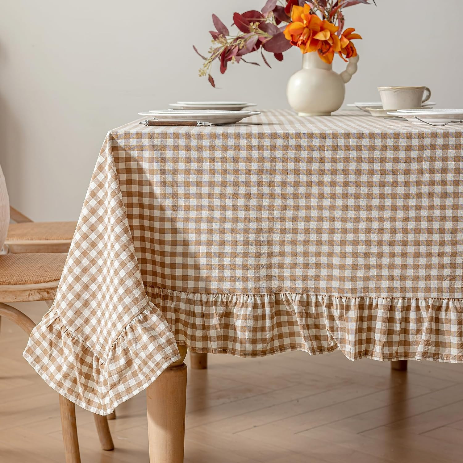 Checkered 100% Washed Cotton Tablecloth Ruffle Gingham Taupe, 60"×120" | Amazon (US)
