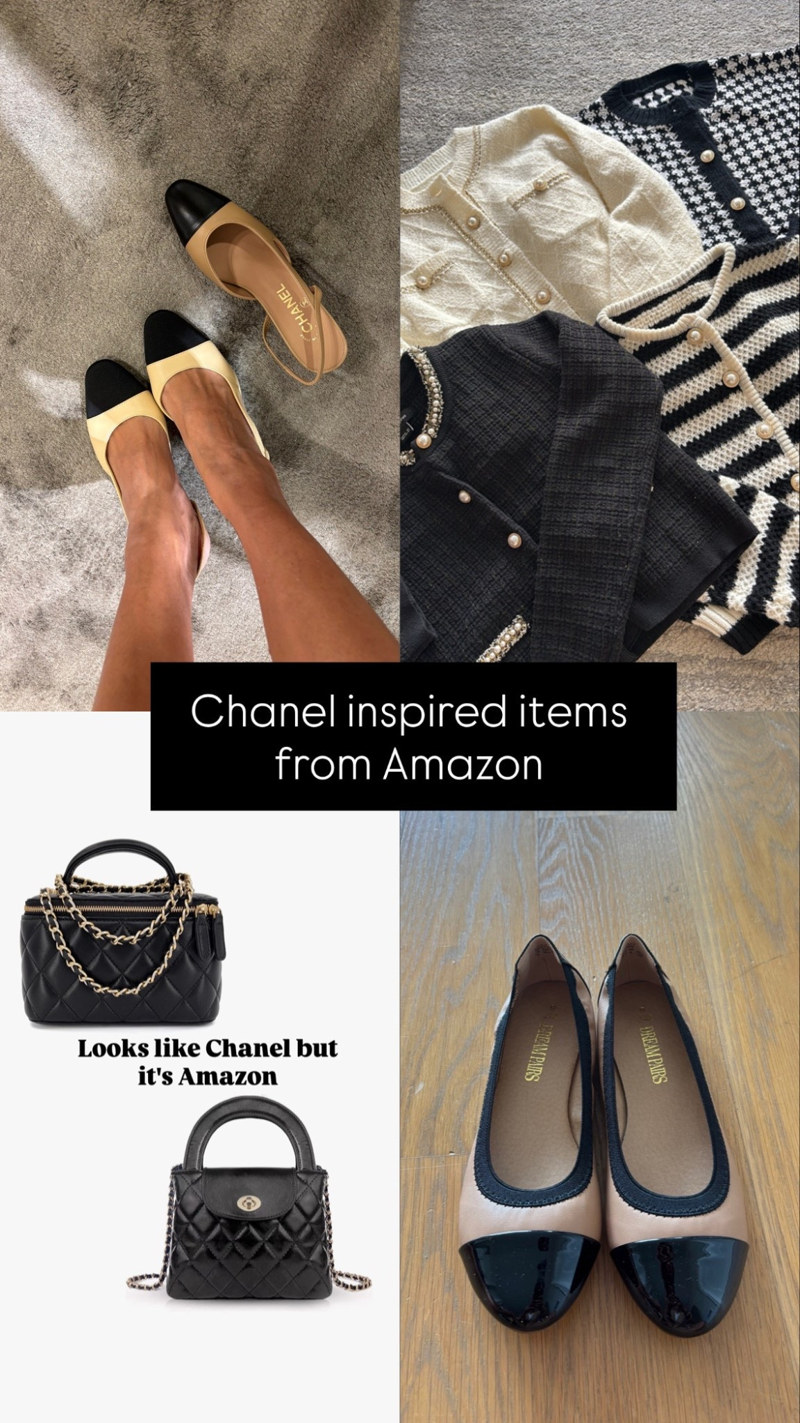 Chanel inspired Amazon finds! Chanel bag, Chanel flats, Chanel sweater, tweed sweater, look for less, luxe for less, designer inspired Amazon finds, Chanel look alike 

#LTKStyleTip