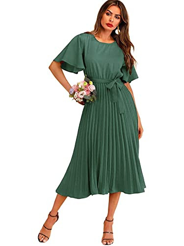 Milumia Women's Elegant Belted Pleated Flounce Sleeve Long Dress Mint Green Plain X-Large | Amazon (US)