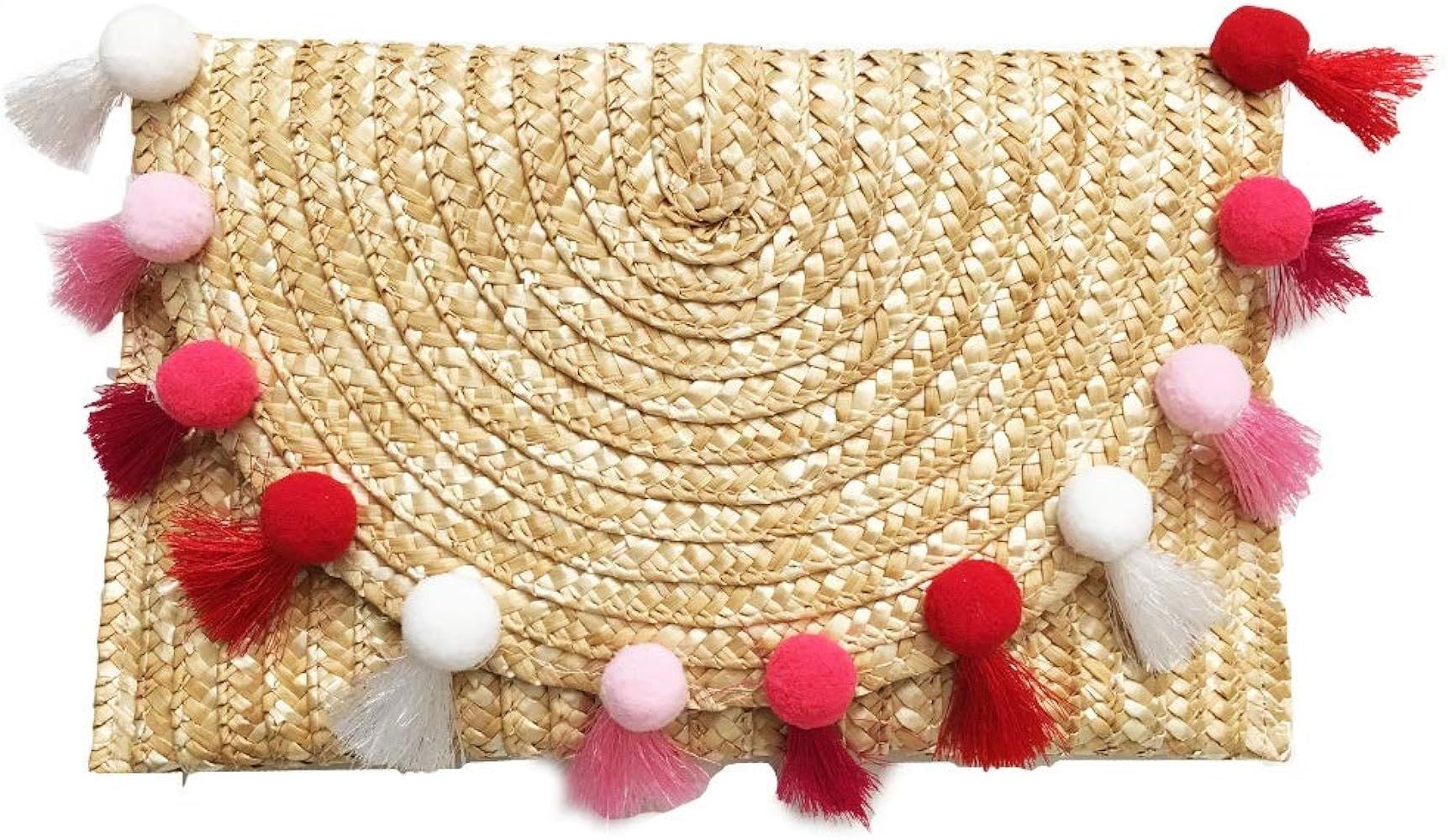 Straw Pom Pom and Tassel Clutch - Colorful Summer Bag | Amazon (US)