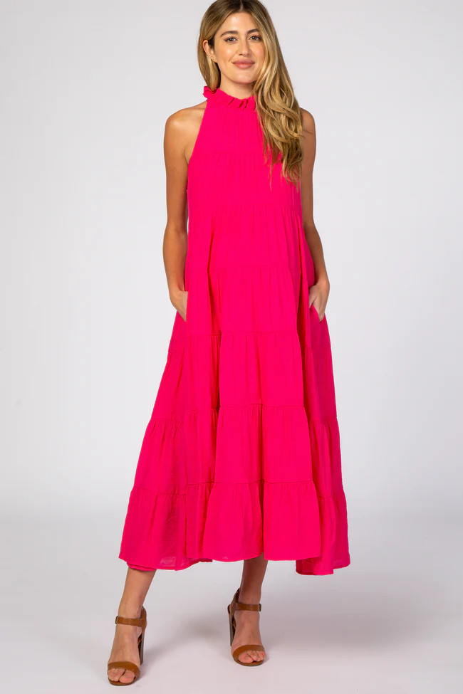 Fuchsia Tiered High Neck Maternity Maxi Dress | PinkBlush Maternity