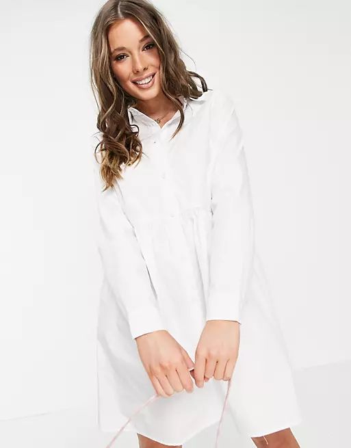 ASOS DESIGN cotton mini smock shirt dress in white | ASOS (Global)