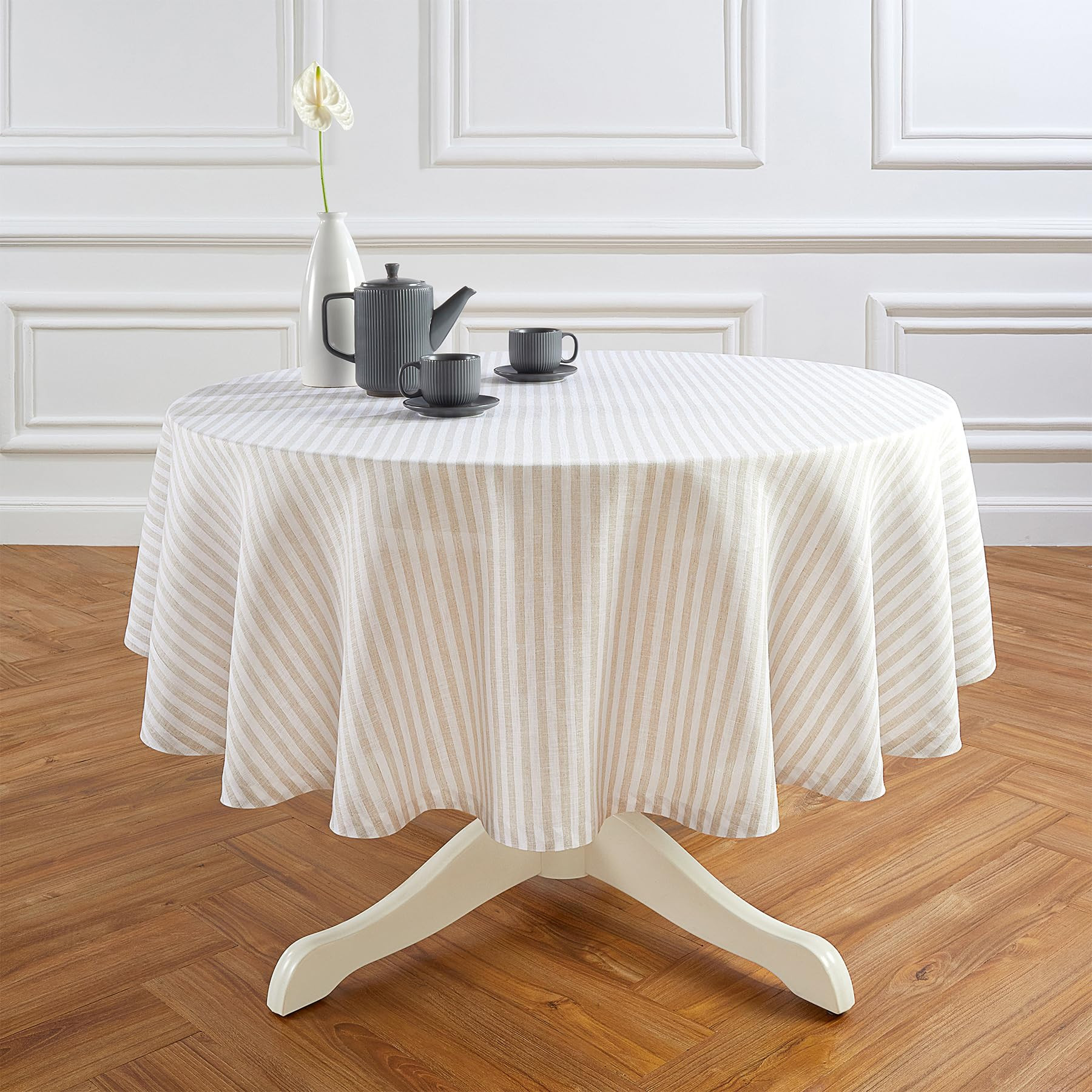 Solino Home Stripe Linen Round Tablecloth – 100% Pure Linen Natural and White Table Cover 70 In... | Amazon (US)