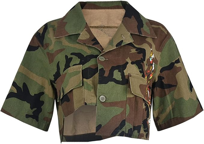 Novaorily Womens Summer Cute Camo Button Down Cropped Jean Jacket Casual Lapel Outwear Denim Shir... | Amazon (US)