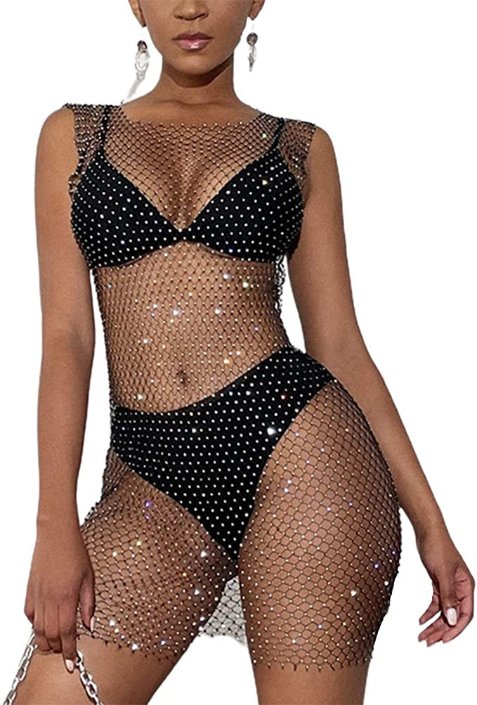 GuliriFe Damen Sexy Strass Durchsichtig Mesh Kleid Bikini Badeanzug Cover Up Rave Festival Club M... | Amazon (DE)