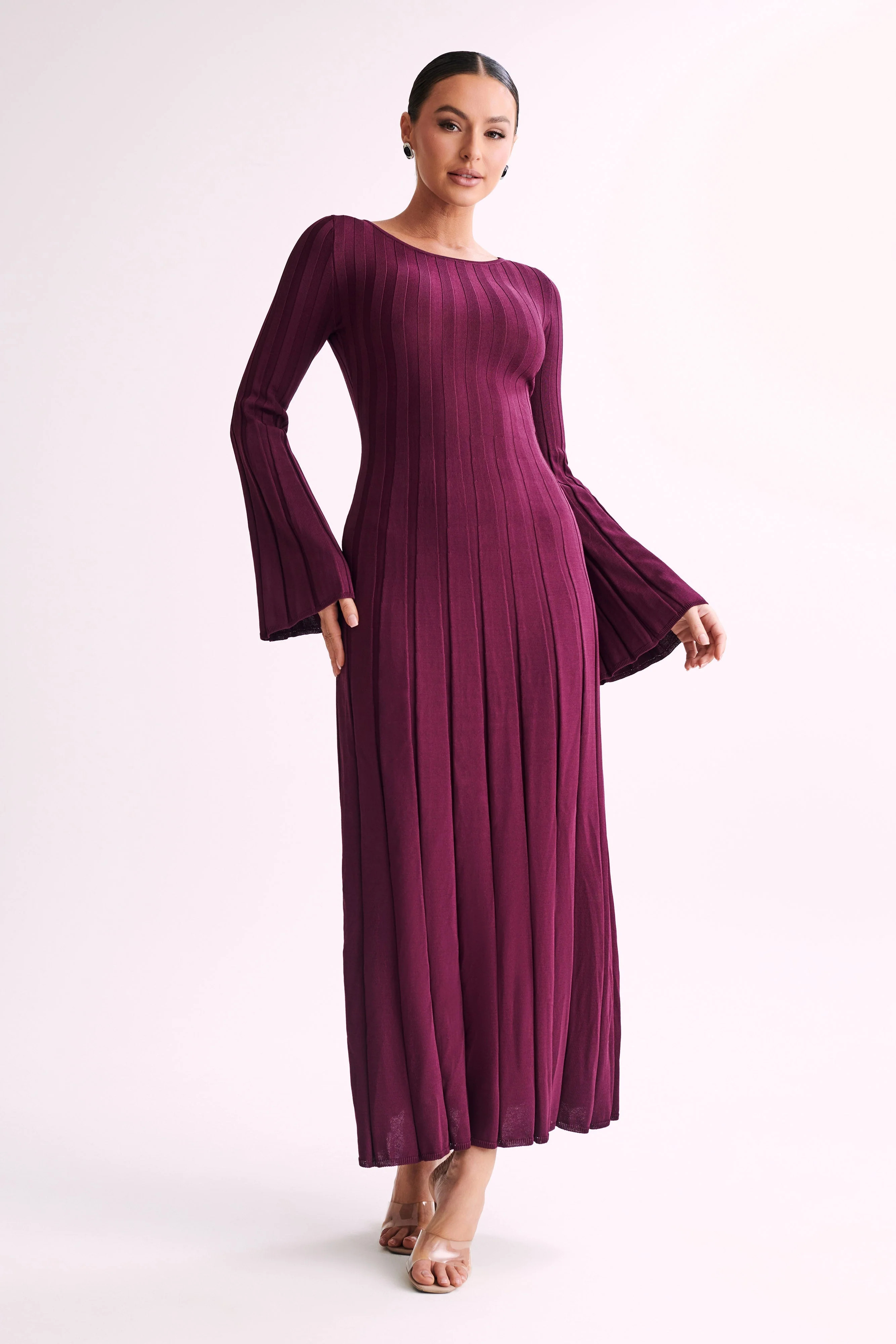 Mabel Long Sleeve Knit Maxi Dress - Plum | MESHKI US
