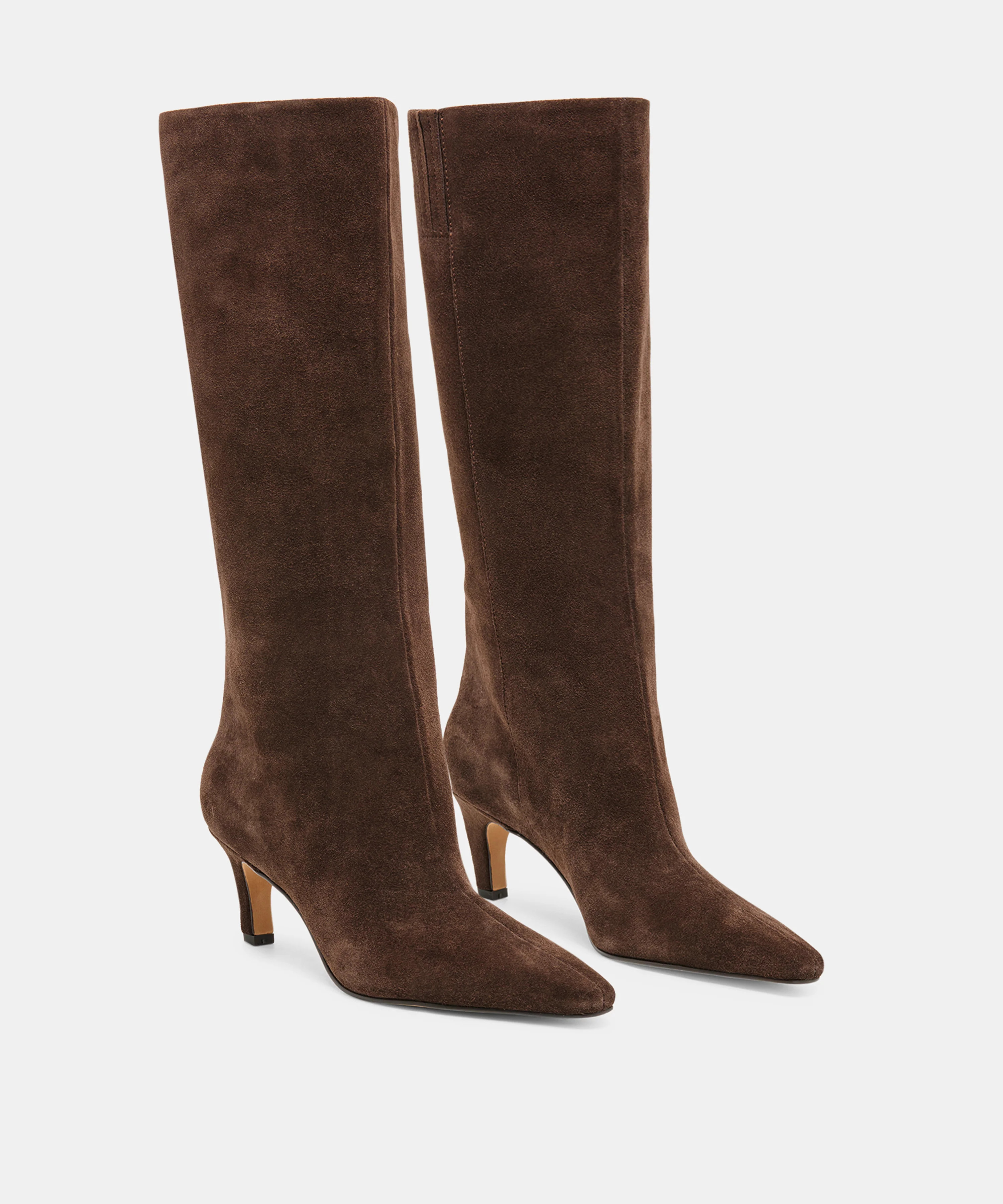 JAZMIN Espresso Suede Sculptural Kitten-Heel Knee-High Boots | Dolce Vita | DolceVita.com