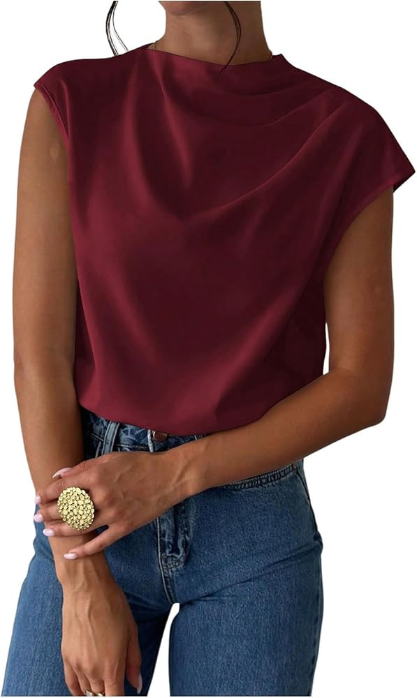 MakeMeChic Women's Draped Neck Tops Cap Sleeve Mock Neck Keyhole Work Shirt Summer Blouse | Amazon (US)
