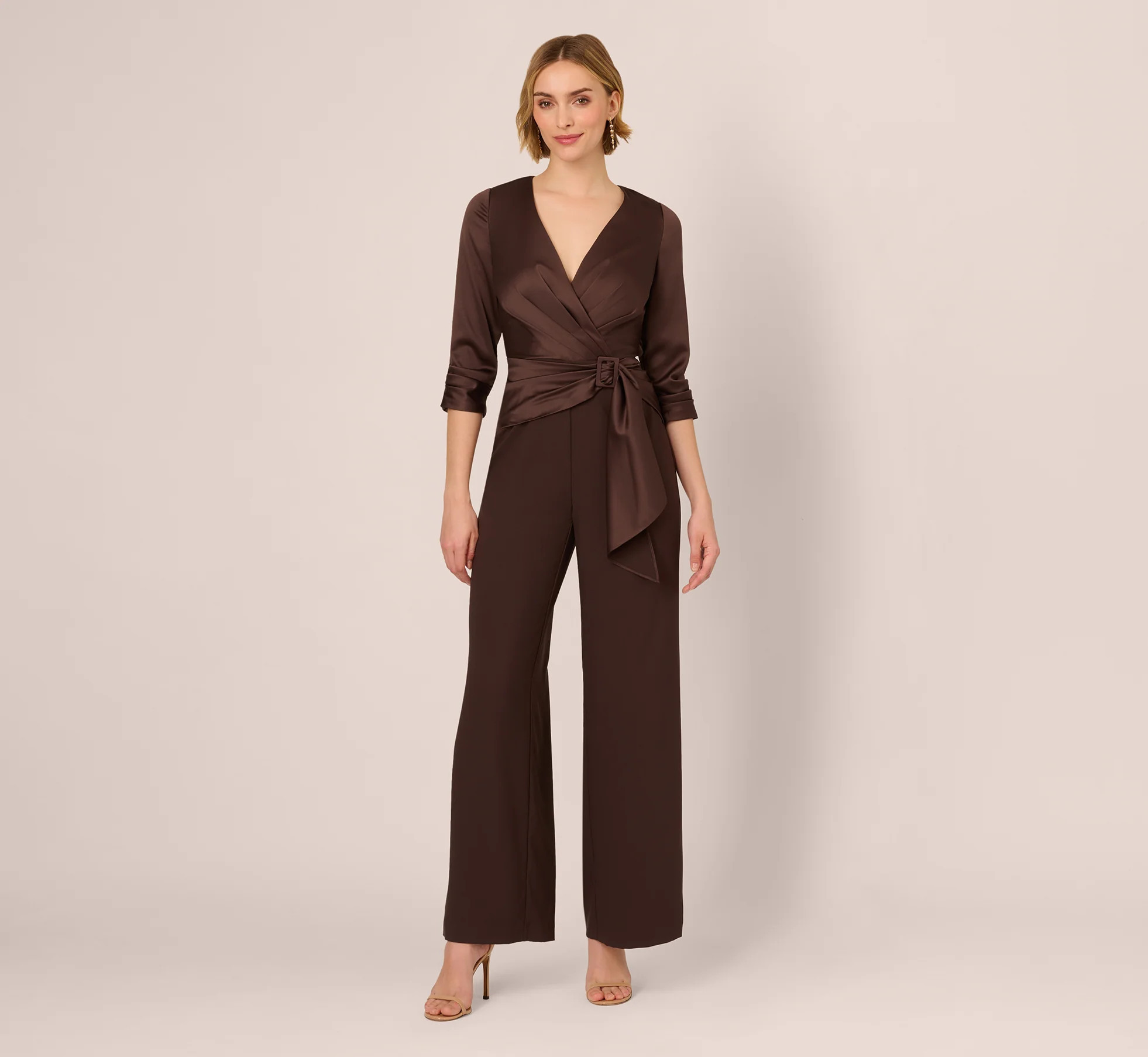 Satin Crepe Three Quarter Sleeve Jumpsuit With Buckle Waist In Dark Brown | Adrianna Papell