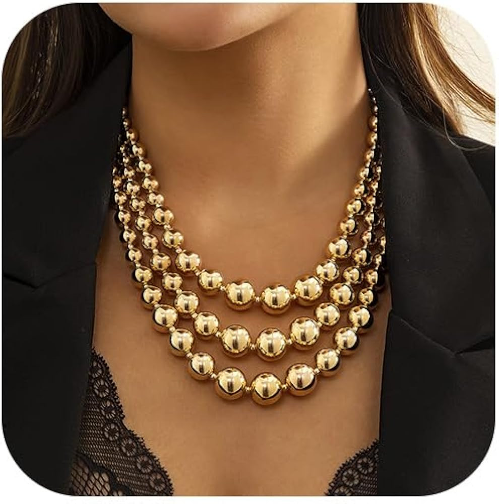 Jovono Layered Necklaces Gold Beaded Statement Necklace Chunky Bib Necklace Chain Punk Jewelry fo... | Amazon (US)