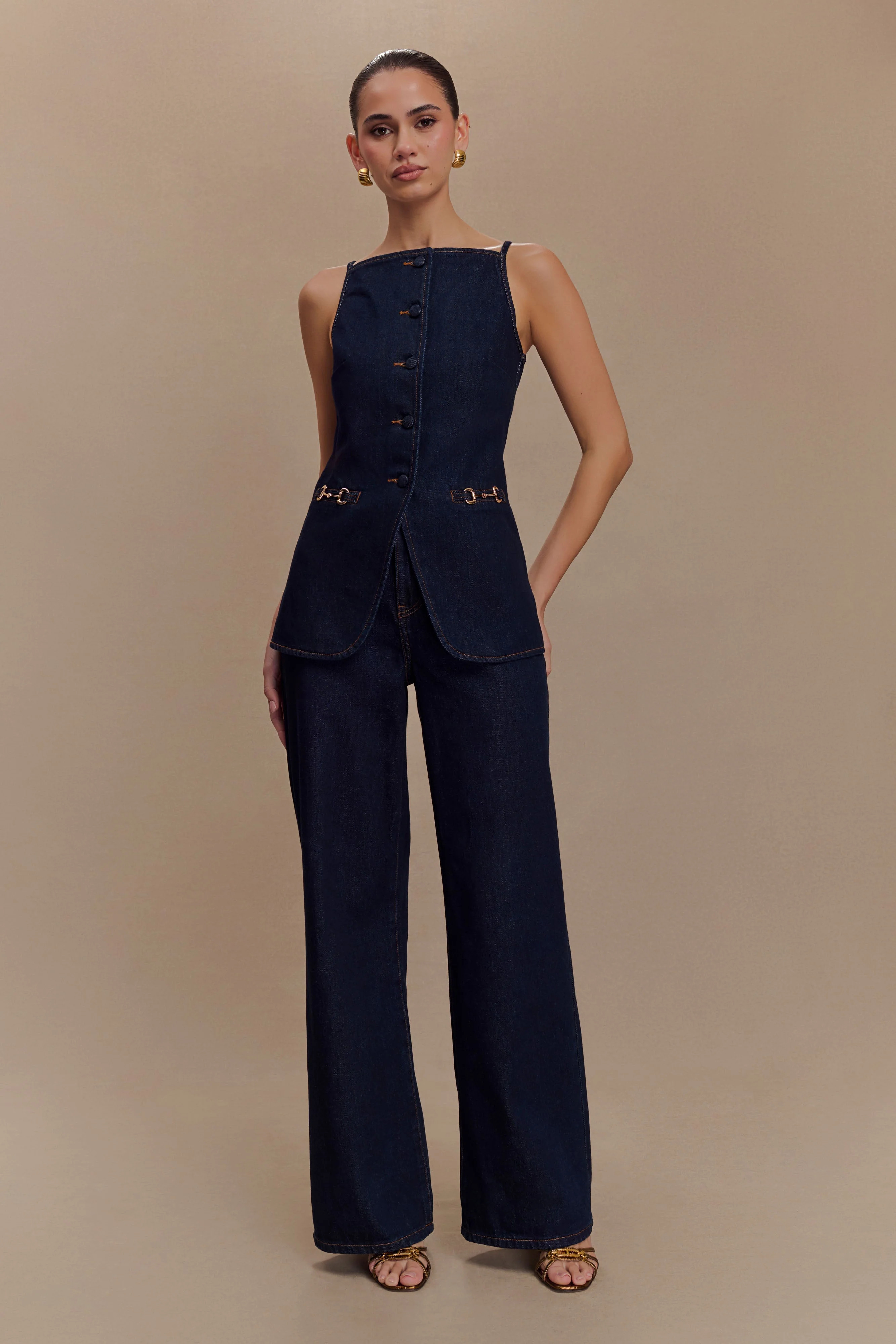 Ashton Sleeveless Button Denim Top - Indigo Blue | MESHKI US