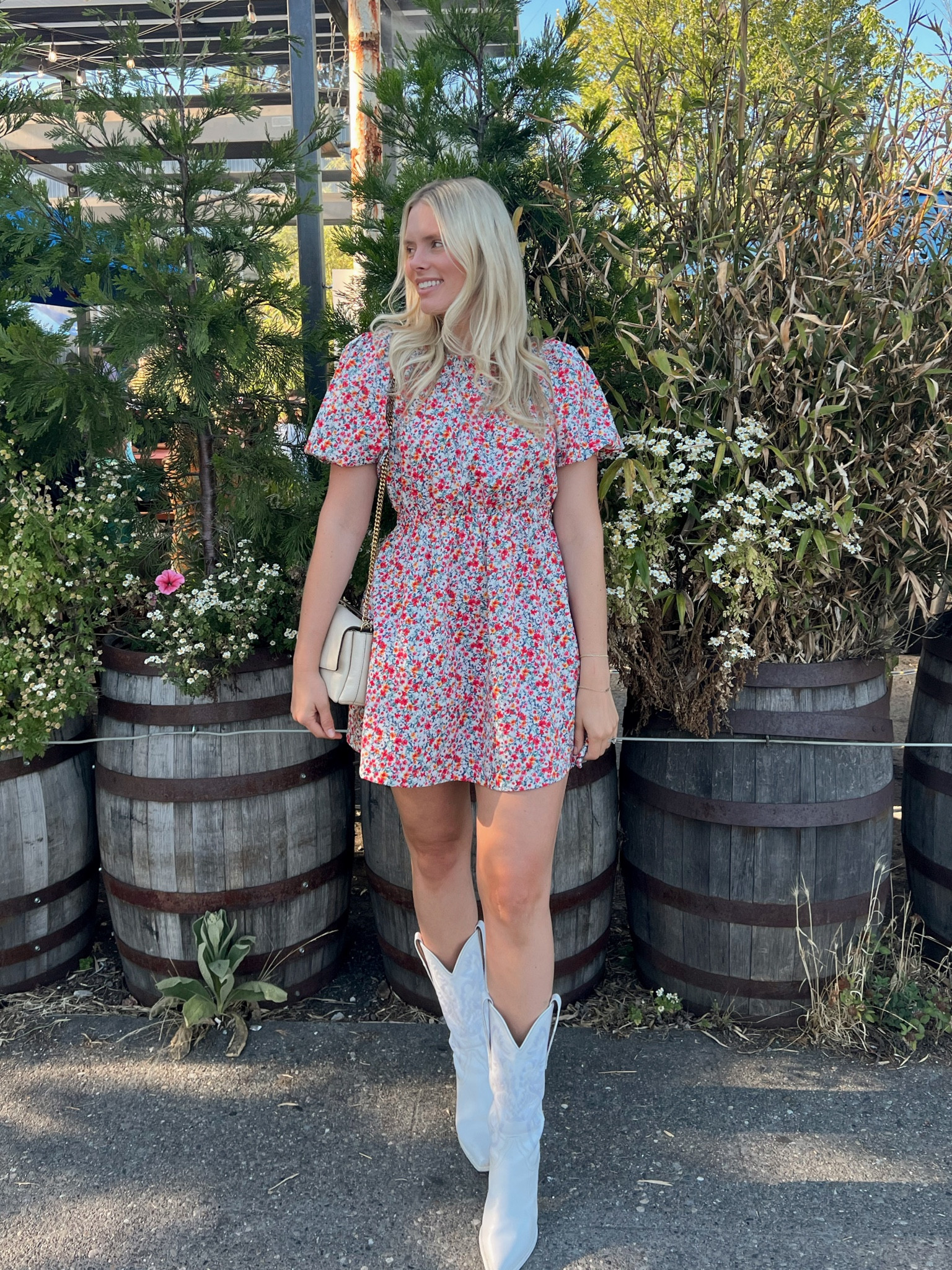 Dress runs tts, wearing a medium tall

#summerdresses #floraldresses #cowboyboots 

#LTKunder100 #LTKunder50 #LTKstyletip