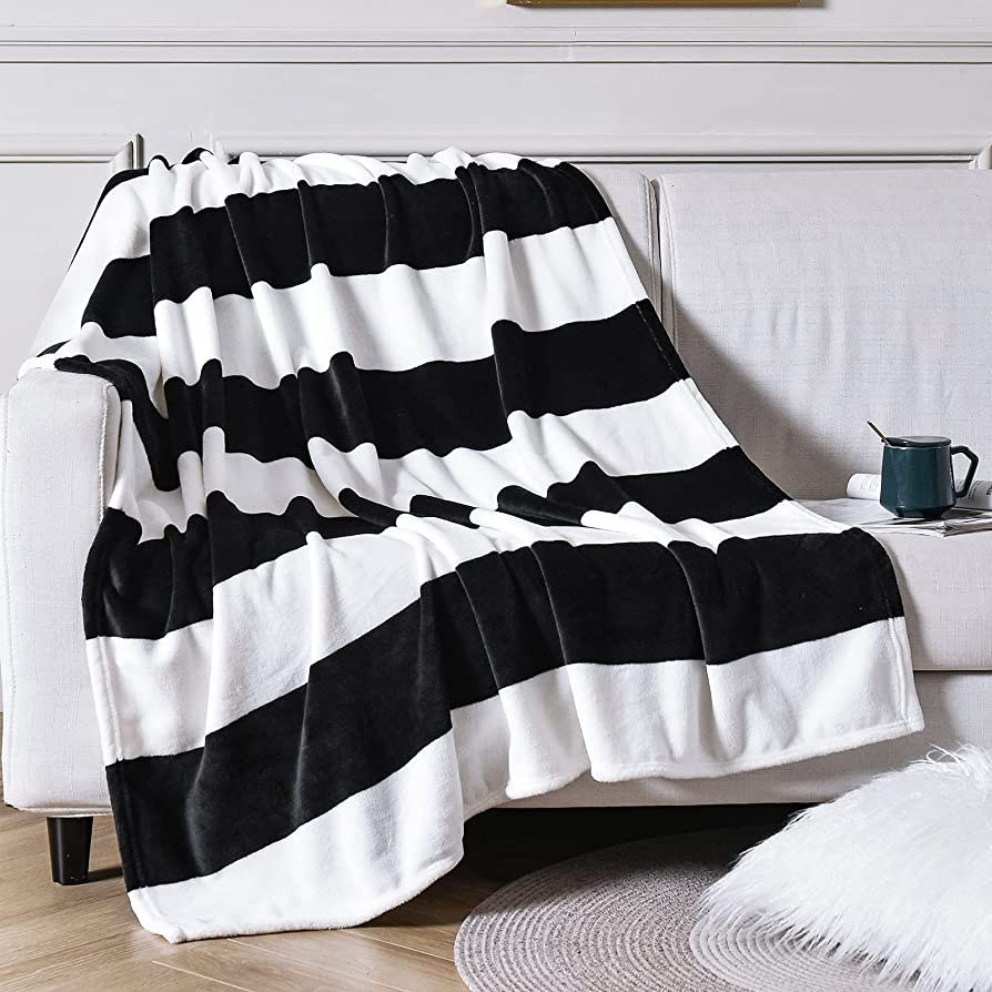 Vessia Large Flannel Fleece Throw Blanket(50"x70") - 300GSM Black and White Stripe Throw Blanket ... | Amazon (US)