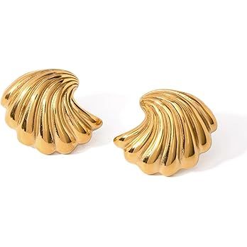 Gold Statement Earrings for Women Trendy, Chunky Gold Earrings Big Shell Wings Textured Dome Earr... | Amazon (US)