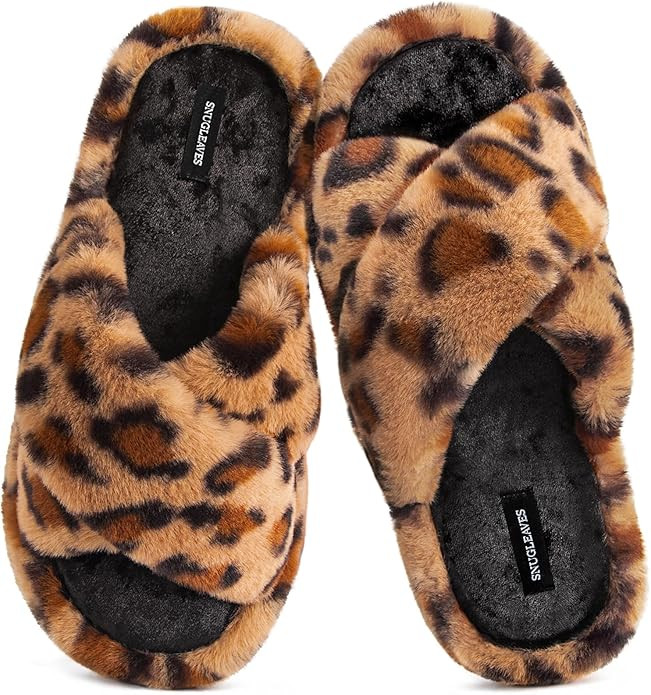 Snug Leaves Women's Fluffy Cross Band Open Toe Slippers with Indoor Outdoor Non Slip Sole | Amazon (US)