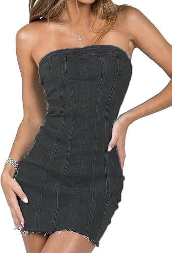 Fronage Women's Summer Sexy Denim Strapless Dresses Jeans Corset Tube Backless Bodycon Top Mini Dress Western Cowgirl 2025 Black, XL | Amazon (US)
