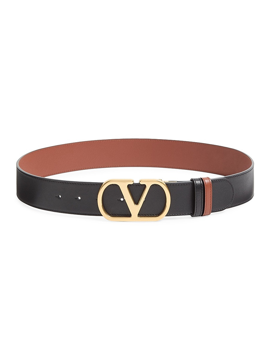 Valentino Women's Reversible VLogo Signature Belt in Glossy Calfskin - Black Deep Caramel - Size Small | Saks Fifth Avenue