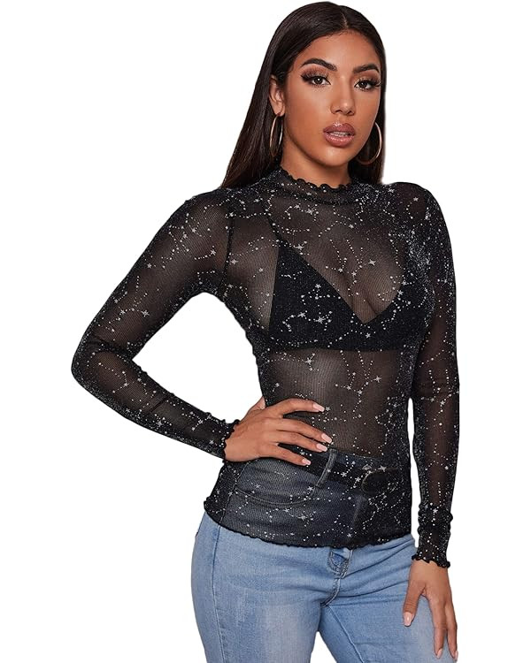 Floerns Women's Star Mesh See Through Mock Neck Long Sleeve Tops Tee T-Shirt | Amazon (US)