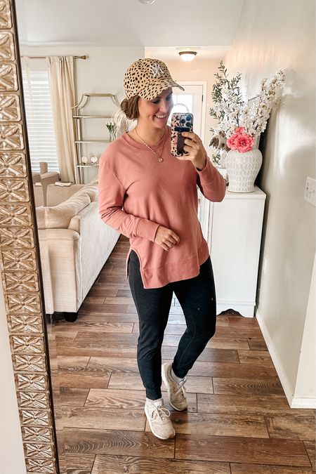 Amazon fashion finds: 

Long sleeve crewneck sweatshirt  (size M) 
Soft joggers with draw string 
New balance leopard shoes 
Cheetah New York Yankees hat (linking a blank on below too) 
Travel outfit, Athleisure outfit, casual style, everyday looks, new balance sneakers, mom uniform, mom fashion. 

#LTKFind #LTKunder50 #LTKtravel