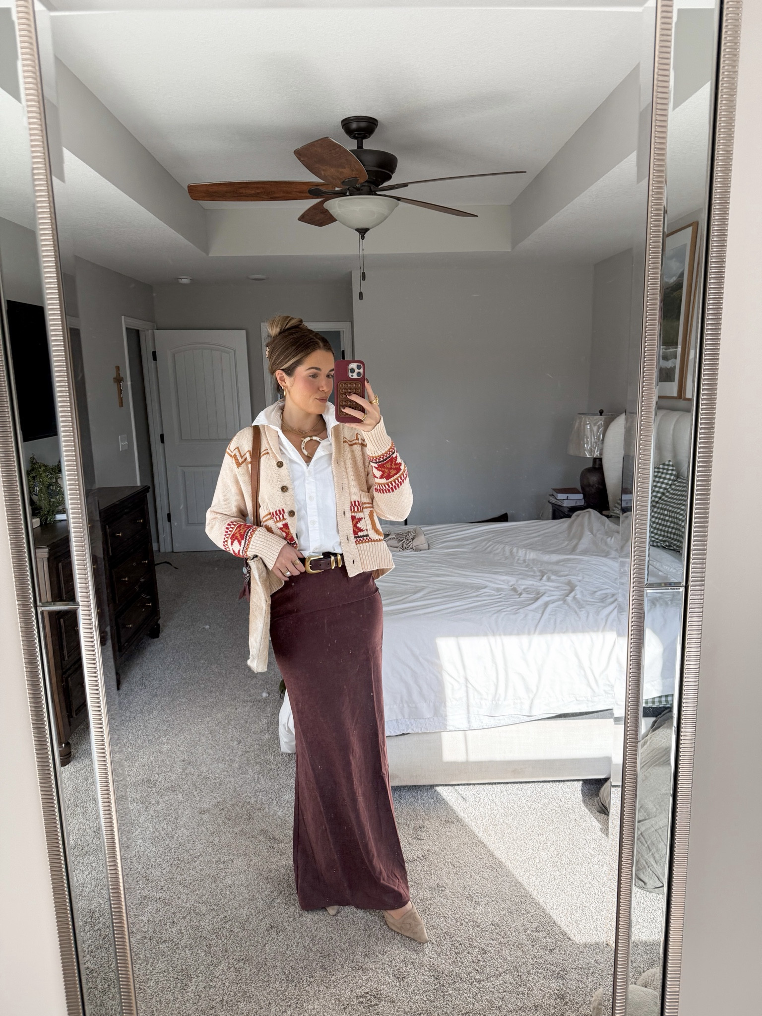 sweater in a size medium, size up in skirt one size. i did a 4 but need a 6 to move lol necklace cuff is from november maker 

#LTKTall #LTKWorkwear #LTKootd