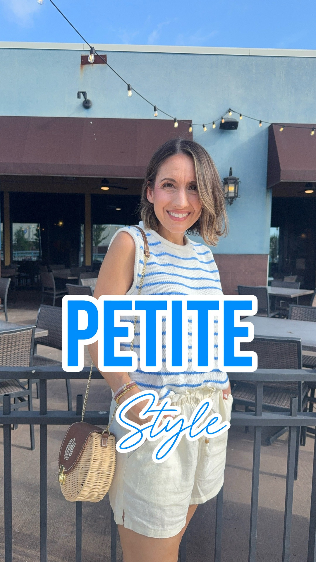 Sleeveless blue and white stripe sweater tank. 
Linen shorts. Love the fit of these. They do run big. Go down 1 size. 
Cute wicker handbag. I love them. They feel like summer time to me. 
White Native water shoes. These are really cute and water resistant. 
Petite style 
Vacay style 
Lunch style