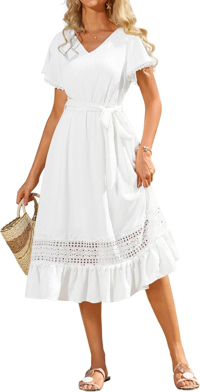 GRACE KARIN Women's Summer Casual V Neck Ruffle Short Sleeve A-Line Floral Embroidery Flowy Midi ... | Amazon (US)