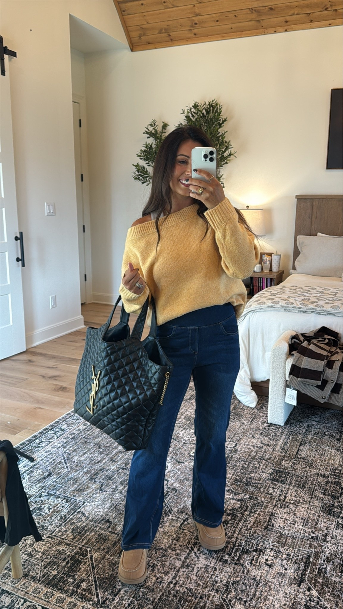 This buttery-yellow off-the-shoulder sweater is so soft and flattering! Paired with dark-wash flare jeans and cozy platform shoes for the cutest casual fall outfit.
#OffShoulderSweater #FlareJeans #FallOutfit #CasualStyle