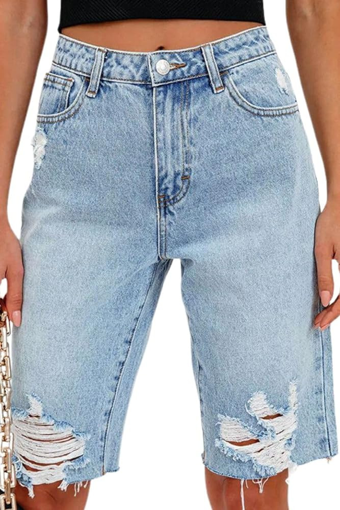 Women's Summer Casual Bermuda Shorts Mid-High Waisted Denim Shorts Stretchy Ripped Cuffed Hem Jea... | Amazon (US)