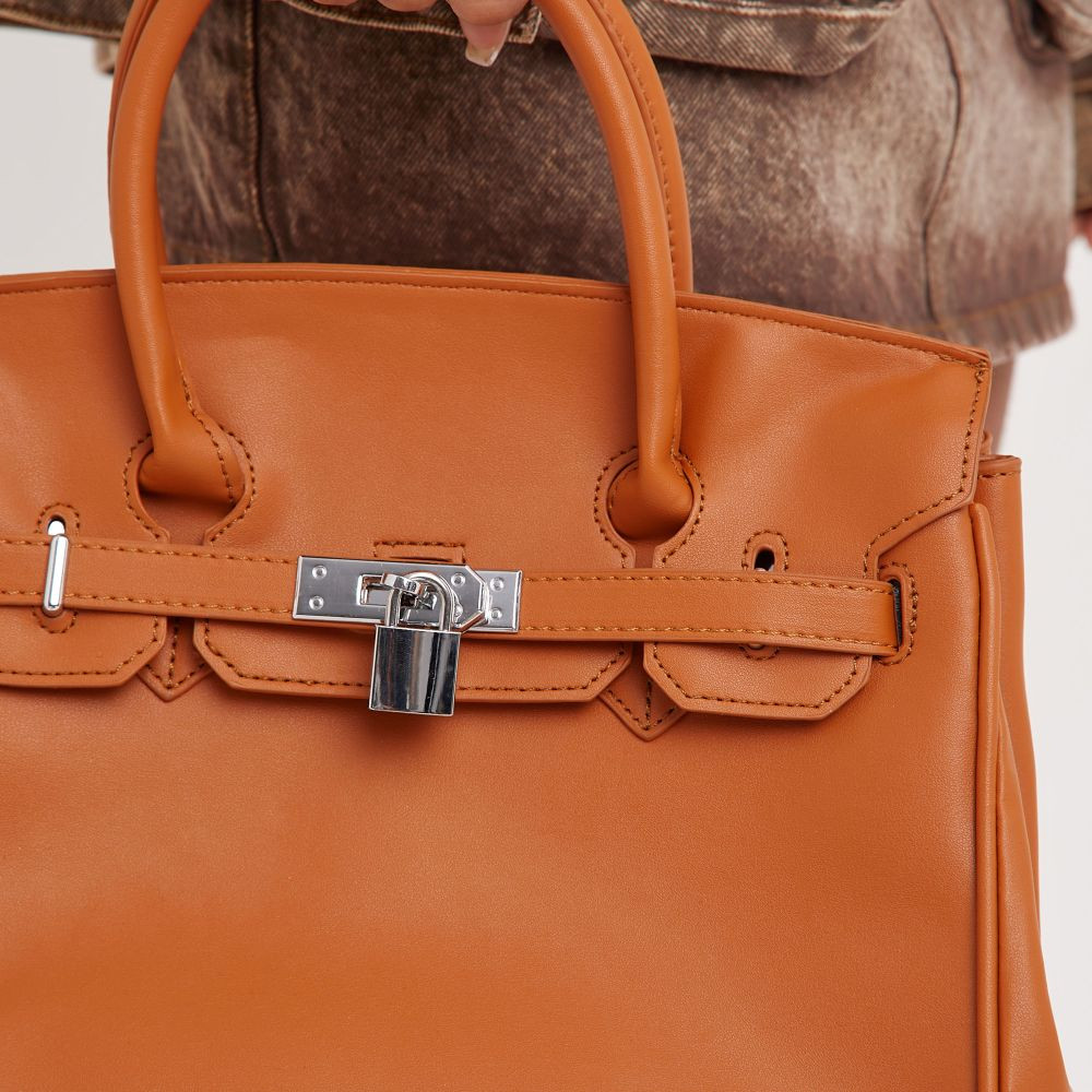 Oak Padlock Detail Top Handle Tote Shopper Bag In Tan Brown Croc Print Faux Leather | EGO (UK)