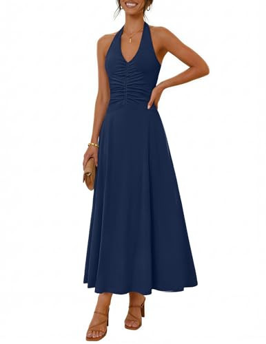 MEROKEETY Women's Formal Halter Maxi Dress 2026 Summer Backless Sleeveless V Neck Ruched Cocktail Wedding Guest Dresses, Navy, M | Amazon (US)