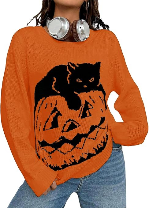 MARZXIN Womens Halloween Sweater Pumpkin Long Sleeve Round Neck Merry Christmas Holiday Loose Pul... | Amazon (US)