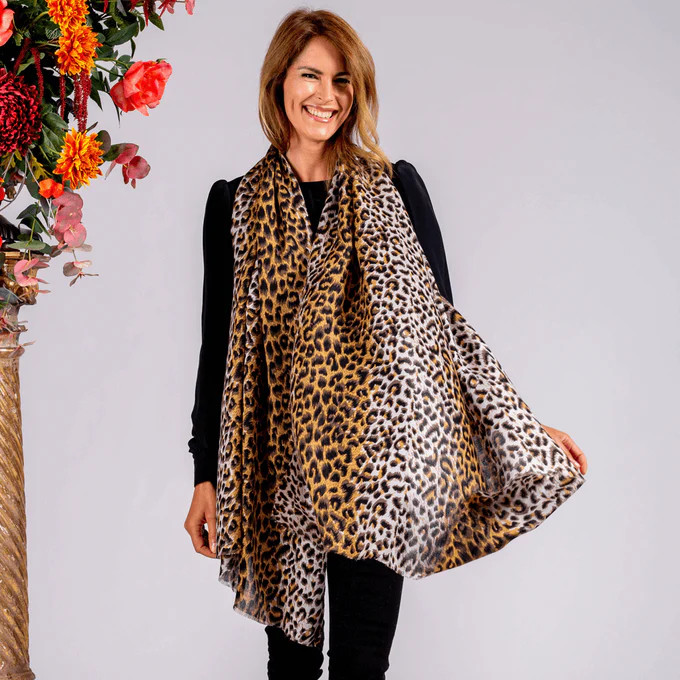 Brown Leopard Print Cashmere and Silk Scarf | Black