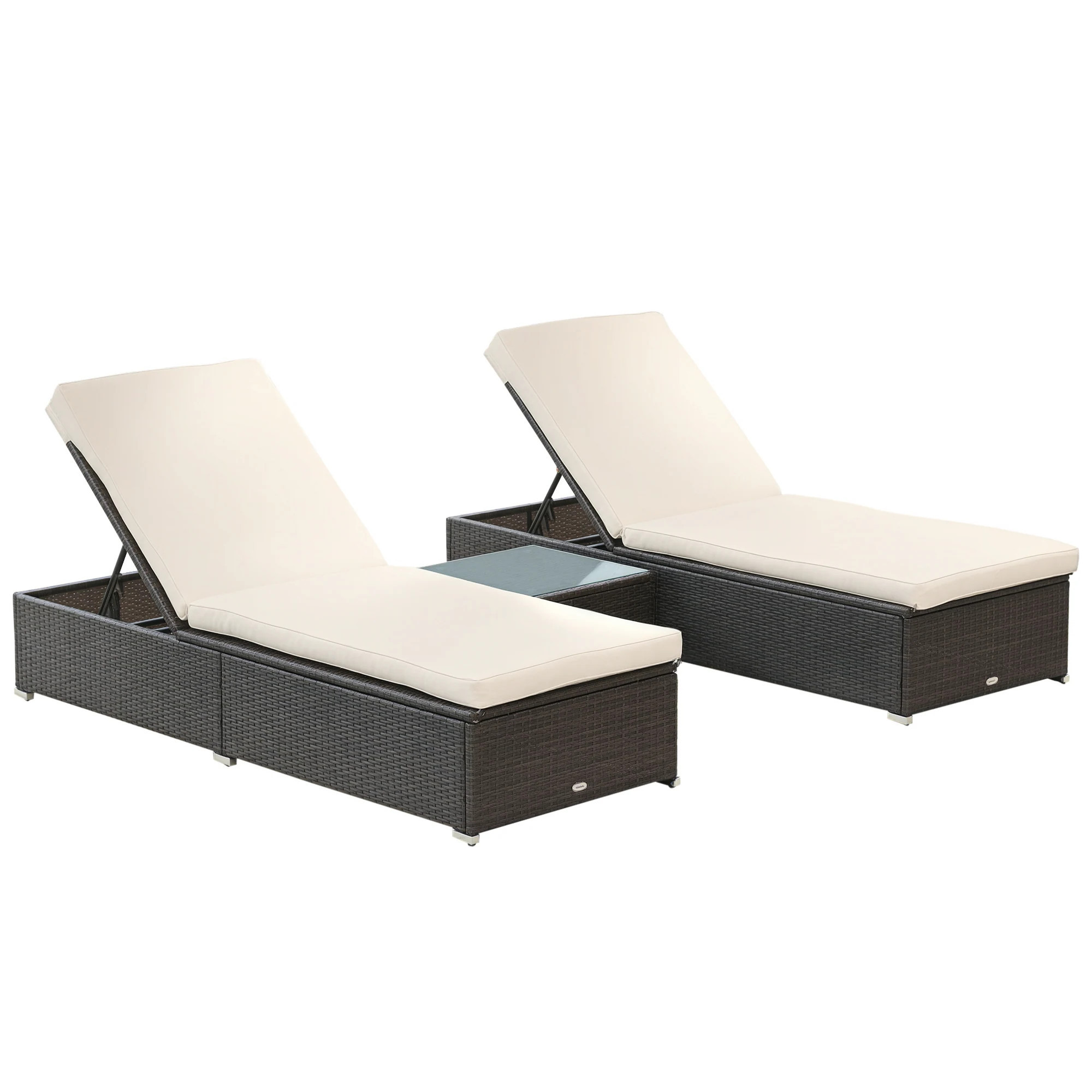 Outsunny Chaise Lounge Set of 2 w/ 5 Angle Backrest Table Cushions PE Wicker Poolside Chairs 3-Piece Patio Furniture Set Mixed Brown/Cream White | Lowe's