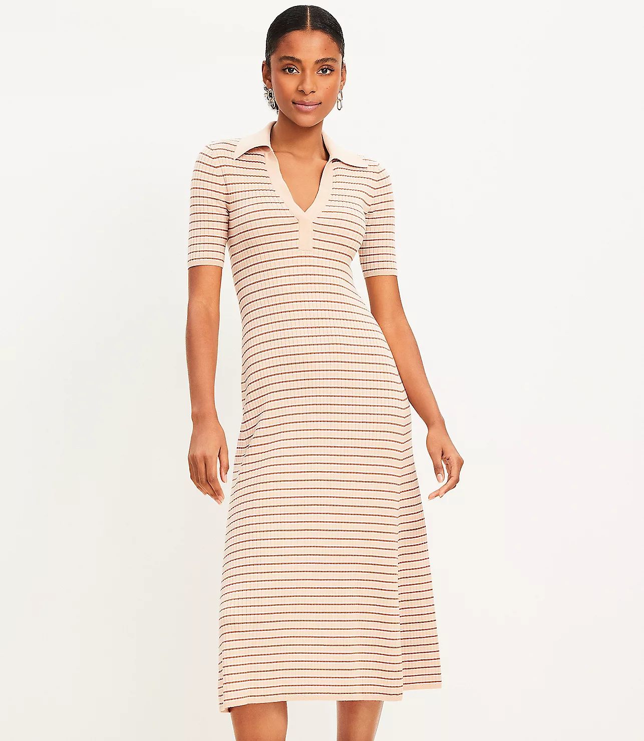 Stripe Ribbed Collared Midi Sweater Dress | LOFT