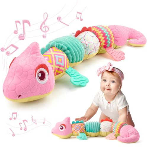 AWOTOY Baby Toys 0-6-12 Months, Musical Stuffed Animal Activity Soft Toys with Multi-Sensory Crinkle,Rattles and Textures,Infant Baby Girl Toys Gifts for Newborn Tummy Time,Dinosaur,Pink | Amazon (US)