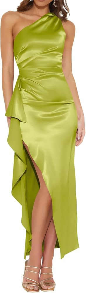Hocuos Women's 2024 Summer One Shoulder Satin Split Maxi Dress Casual Elegant Wedding Guest Party... | Amazon (US)