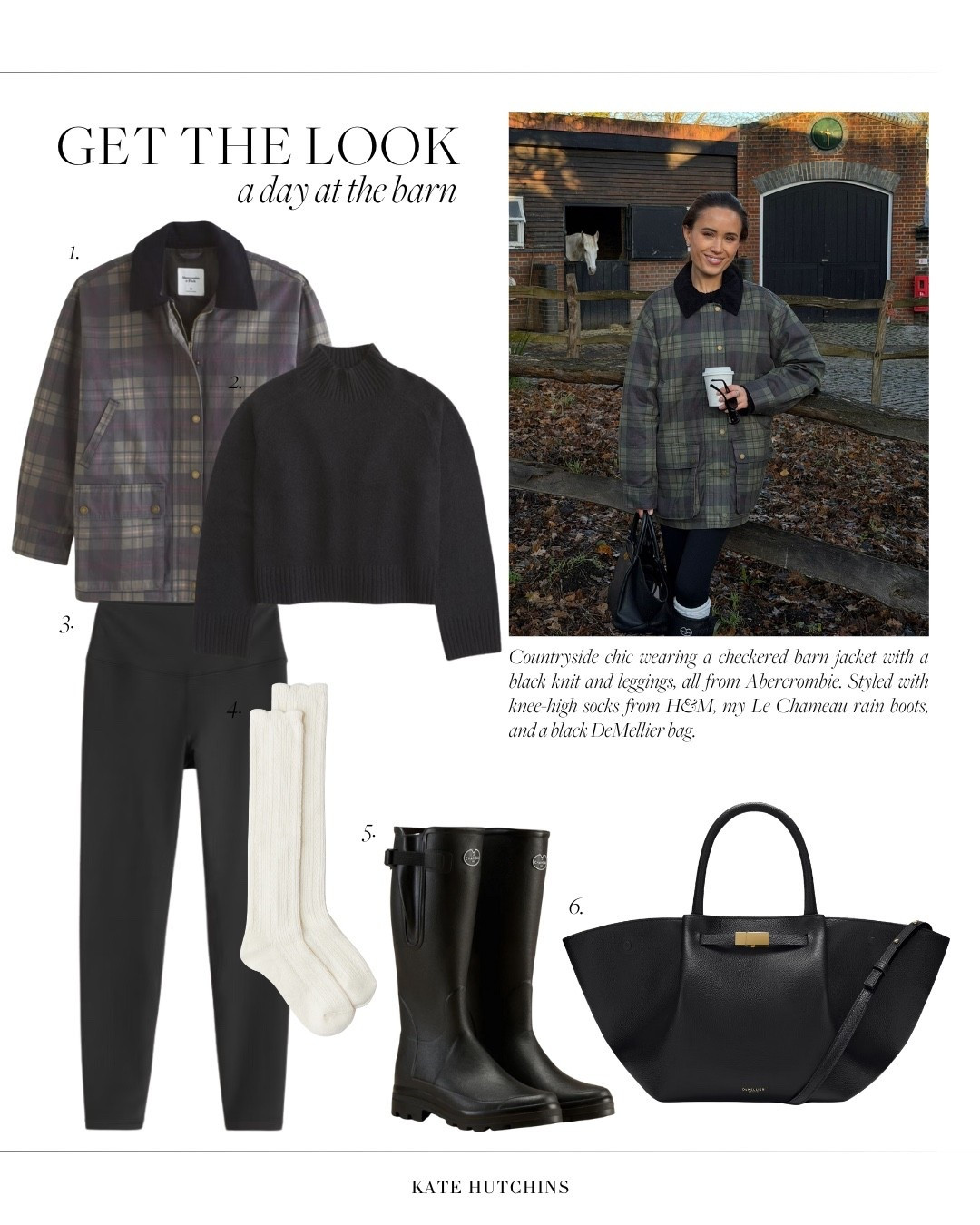 Countryside chic wearing a checkered barn jacket with a black knit and leggings, all from Abercrombie. Styled with knee-high socks from H&M, my Le Chameau rain boots, and a black DeMellier bag.

#LTKuk #LTKwinter