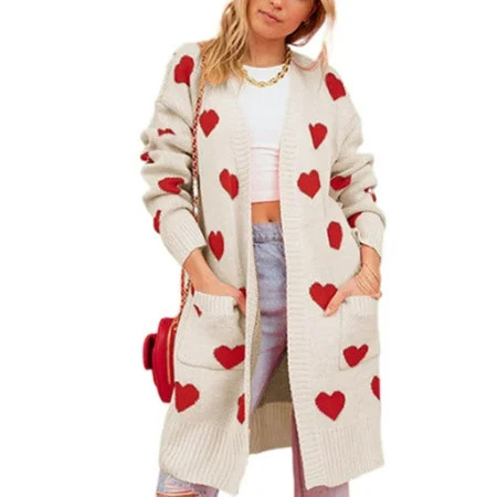 Women's Cardigan Sweater Valentine's Day Cute Heart Sweater Open Front Kimono Cardigan Soft Knit Cardigans Sweater with Pockets Alsol Lamesa | Walmart (US)
