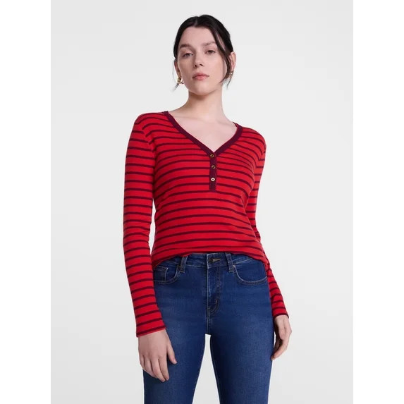 Scenario Women's and Women's Plus Striped Henley Shirt with Long Sleeves, Sizes XS-4X | Walmart (US)