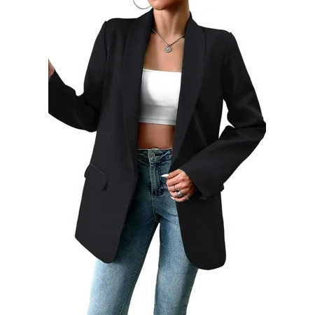 Solid Color Classic Open Front Long Sleeve Oversized Blazer for Women Black Medium | Walmart (US)